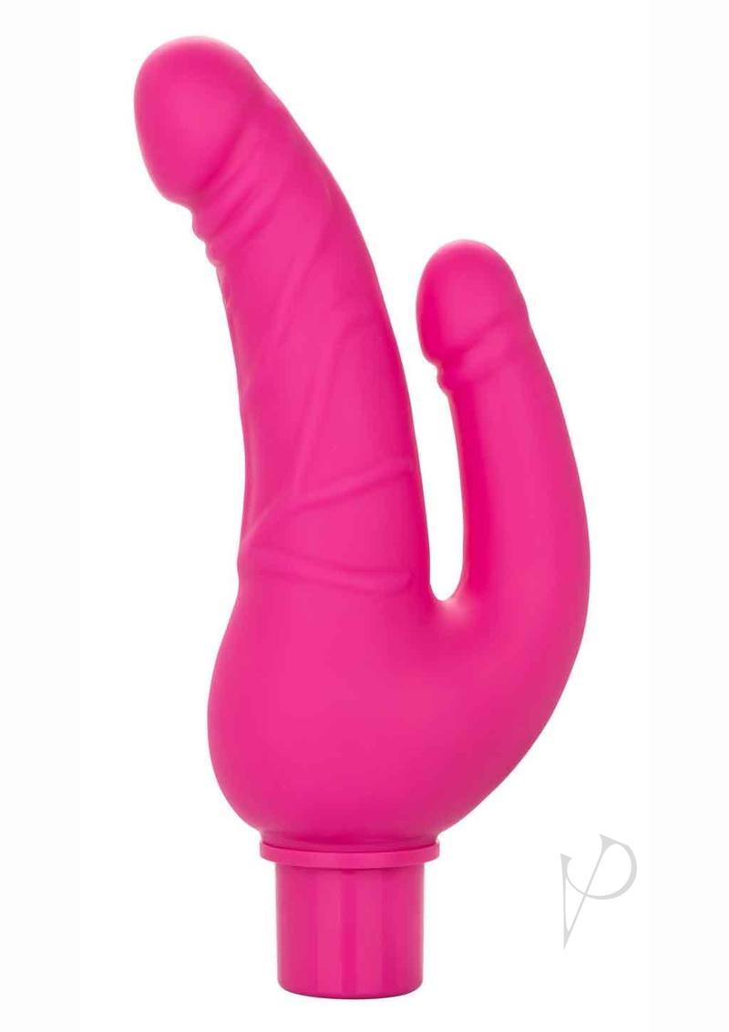 Rechargeable Power Stud Over And Under Silicone Vibrating Double Dong - Pink